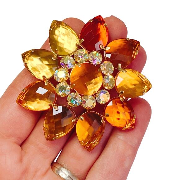 VTG  Signed Joan Rivers Fall Autumn Colorful Brooch Amber Rhinestone Sparkling - Picture 2 of 12